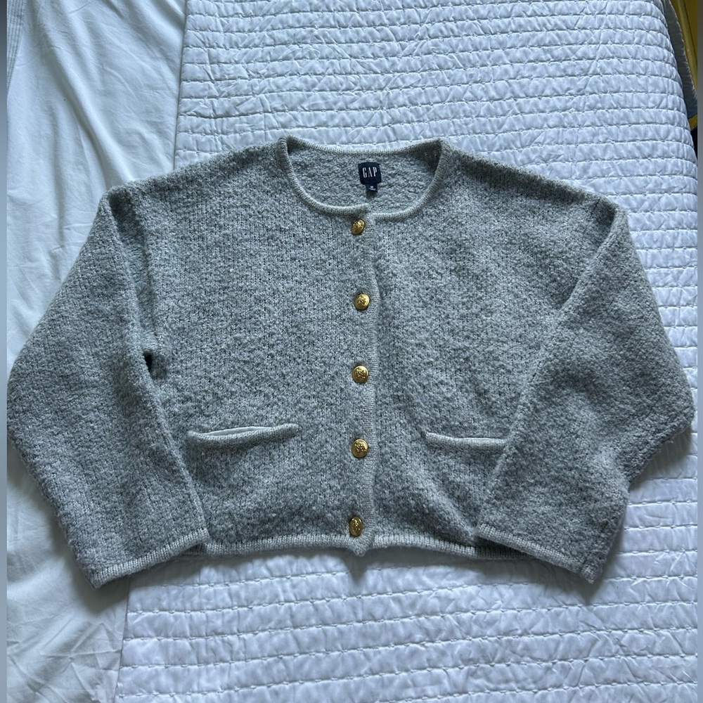 Gap Boucle Cropped Sweater Jacket Gray